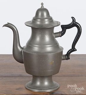 Westbrook Maine pewter coffee pot, ca. 1840, bearing the touch of Rufus Dunham, 11 3/4'' h.