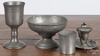 Four pieces of American pewter, 19th c., to include a Hiram Yale beaker