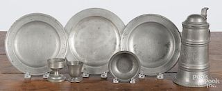 Seven pieces of Continental pewter, to include a flagon, 8 1/2'' h.