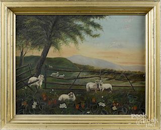 American primitive oil on canvas landscape with sheep, inscribed verso Mrs. C. M. Belknap April 27