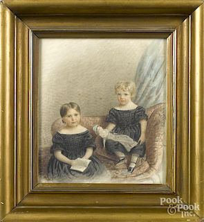 Watercolor portrait of two children, signed Heaton 1842, 8'' x 7''.