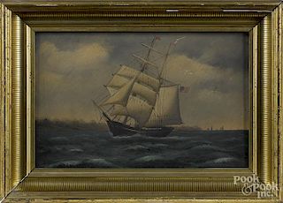 Primitive oil on canvas of an American sailing vessel, 19th c., signed faintly verso, 9'' x 13''.
