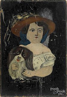 Pennsylvania oil on poplar panel, late 19th c., of a girl and dog, 16 1/2'' x 11 1/2''.
