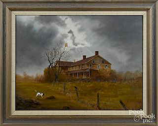 Helen E. King (American 20th c.), oil on board landscape with a farmhouse, 18'' x 24''.