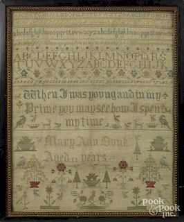 Silk on linen sampler, dated 1872, wrought by Mary Ann Dunk, 16 1/2'' x 13''.