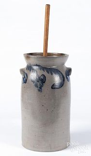Pennsylvania three-gallon stoneware churn, 19th c., with a cobalt floral band around the shoulder