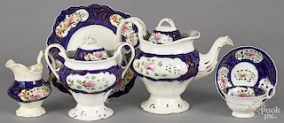 Six-piece Gaudy Welsh partial tea service in the Feather pattern, to include a teapot