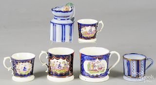 Four pieces of Gaudy Welsh in the chinoiserie pattern, to include two tea cups, a mug