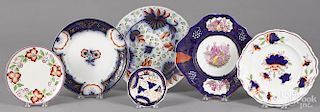 Six assorted Gaudy Welsh plates and saucers, patterns to include Victoria and Albert, Carmarthen