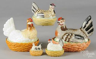 Five Staffordshire hens on nests, largest - 7 1/4'' h.