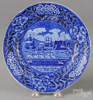 Clews Staffordshire historical blue transfer plate, 19th c., with Landing of Lafayette scene