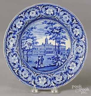 Staffordshire historical blue transfer plate, 19th c., with City Hall New York scene, 10'' dia.
