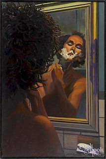 Clifford Satterthwaite (American, b. 1934), oil on canvas of a gentleman shaving, signed lower right