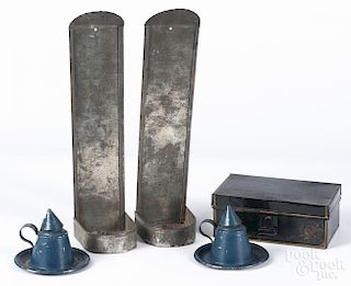 Three pieces of toleware, 19th c., to include a pair of blue oil lamps, 3'' h.