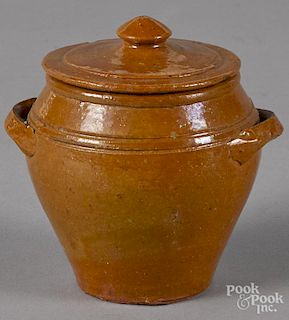 Redware sugar bowl, early 20th c., 4'' h.