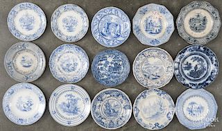 Fifteen blue transfer cup plates, 19th c., largest - 3 7/8'' dia.