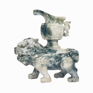 Chinese White & Green Hardstone Foo Lion Vase
