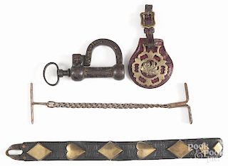 Cast iron smoke house lock, 19th c., 6 1/4'' l., together with a chain handcuff