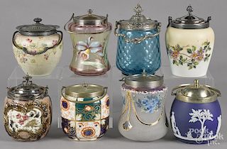 Eight glass and porcelain biscuit jars, 19th/20th c., to include Wedgewood, majolica, Gaudy Welsh