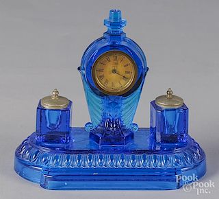 Parker & Whipple Co. pressed cobalt glass desk clock, early 20th c., with two inkwells, 7'' h.