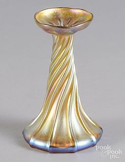 Tiffany favrile art glass candlestick, signed LCT on base, 7'' h.
