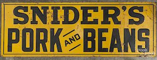 Embossed tin Snider's Pork and Beans country store sign, early 20th c., 6 3/4'' x 19 1/2''.
