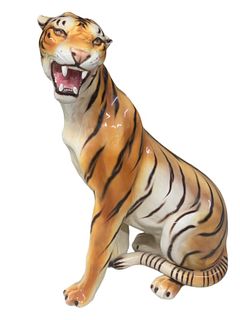 1980s Spanish Hand Painted Glazed Ceramic Tiger