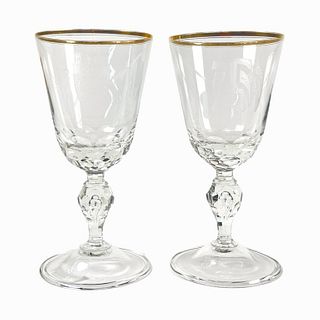 Pair Antique Continental Cut Glass Chalice Goblets
