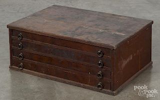 Mahogany four-drawer spool cabinet, ca. 1900, 10'' h., 25 1/4'' w.