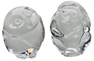 (2) Steuben Owl and Monkey Crystal Paper Weights