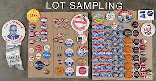 Political and advertising buttons, vintage and modern.