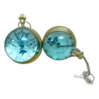 2 Mid Century Gilt Brass & Glass Orb Desk Clocks