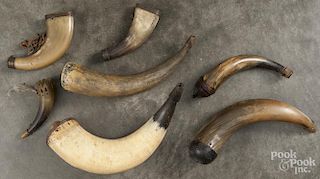 Six powder horns, 19th/20th c., to include on with a repeating compass flowers, largest - 13 1/2'' l.