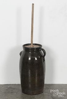 Four-gallon stoneware churn, 19th c., probably southern, with green glaze, 18 1/2'' h.
