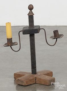 Wood and tin adjustable candleholder, 19th/20th c., made from period and non-period elements