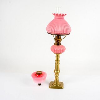 Antique Pink Art Glass Peg Oil Lamp with Shade