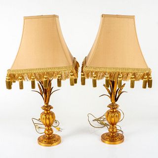 Pair of Vintage Gilded Brass & Wood Lamps with Wheat Base