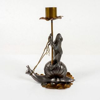 Vintage Brass & Bronze Candle Holder, Frog Riding a Snail