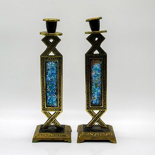 Vintage Pair of Brass and Glass Candlesticks