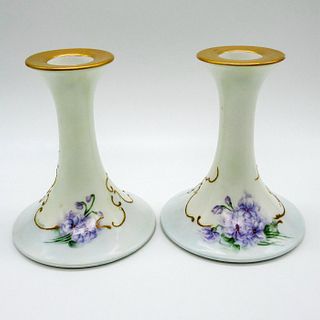 Pair of T&V Limoges France Porcelain Hydrangea Candlesticks