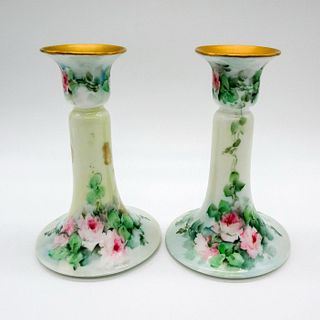 Pair of T&V Limoges France Porcelain Rose Candlesticks