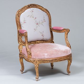 Louis XV Style Giltwood Needlework and Velvet Upholstered Fauteuil Ã  la Reine