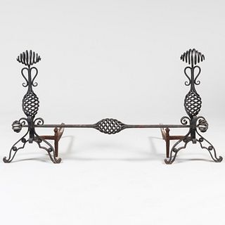 Pair of Wrought-Iron Andirons and a Matching Bar