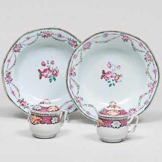 Pair of Chinese Export Famille Rose Octagonal Soup Plates and a Pair of Pots-de-CrÃ¨me and Covers
