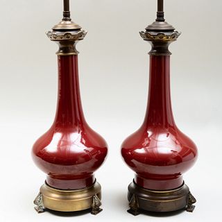 Pair of Chinese Gilt-Metal-Mounted Copper Red Glazed Vases Mounted as Lamps