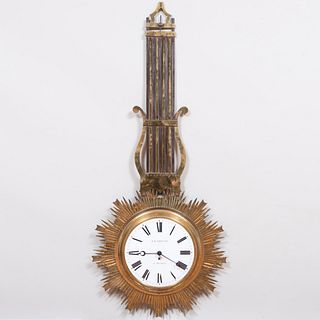 Louis XVI Style Gilt-Bronze, Brass and Bronze 'Sunburst' Double-Sided Wall Clock, Dial Signed J.B. LHoste Ã  Orthez