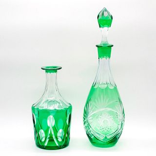2pc Vintage Emerald Green Bohemian Glass Decanters