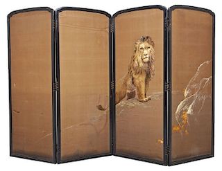 Japanese 4 Panel Embroidered Folding Screen