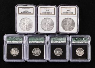 Three UNC Silver Eagles + Signed Proof Silver 25c