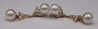JEWELRY. Pair of 14kt Gold Diamond and Pearl Drops